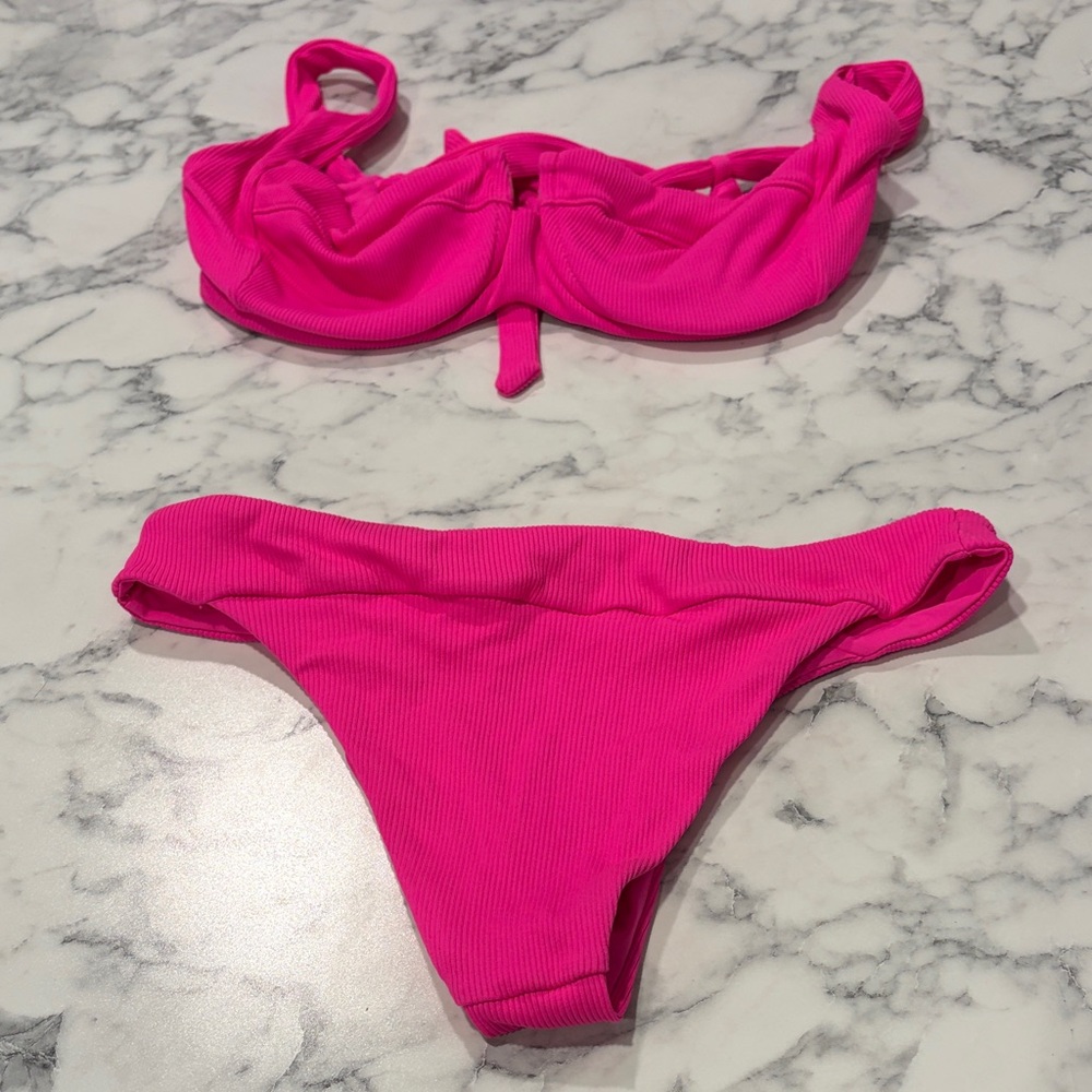 Luli Fama Hot Pink Ribbed Two-Piece Bikini Set